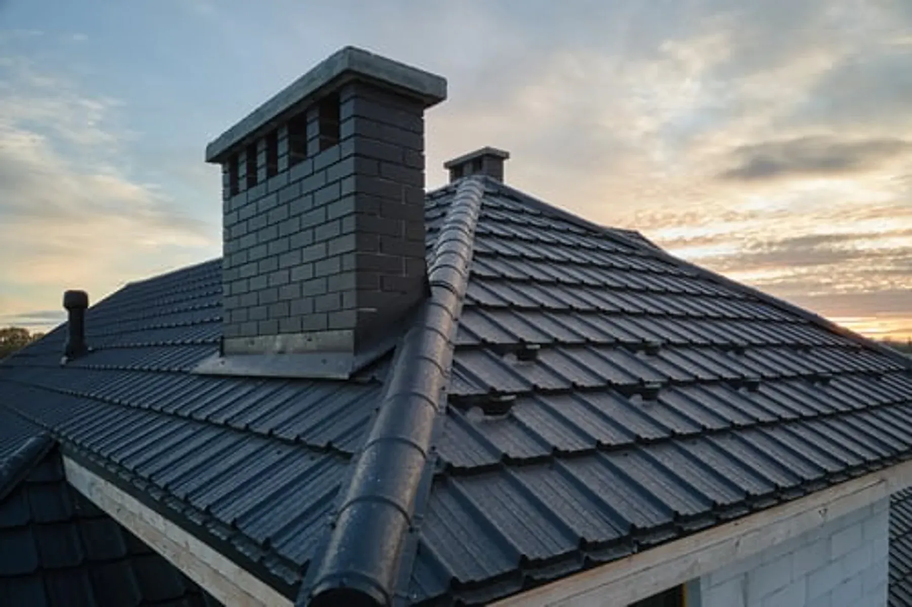 Newly finished dark shingle roof with chimney at sunset on a Georgia home